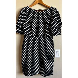 Ann Taylor Polka Dot Pleated Puff Sleeve Sheath Dress Size 4 Black & White